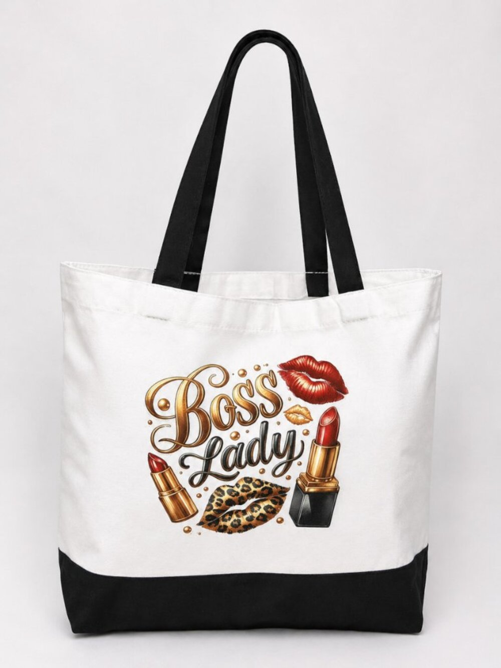 Boss Lady Canvas Tote Bag Ivory Black Lipstick Lips NWOT